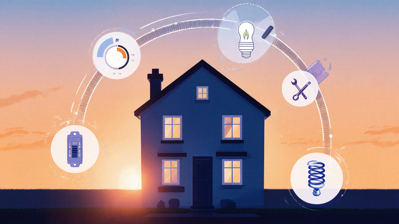 A homeowner surrounded by floating icons of a thermostat, pilot flame, breaker, and wrench, indicating a DIY hot‑water checklist.