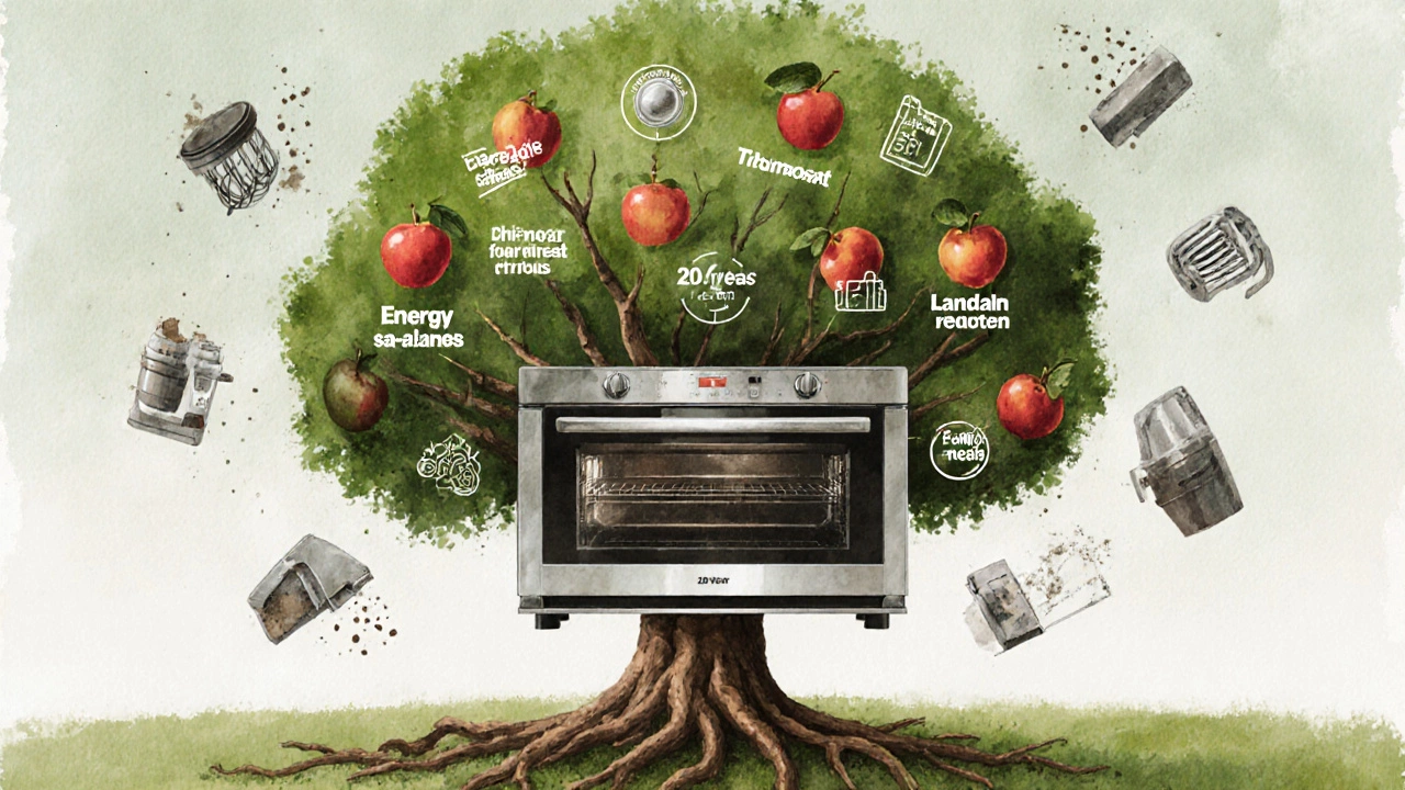 An oven shaped like a tree with replaceable parts as roots and sustainability as fruit.