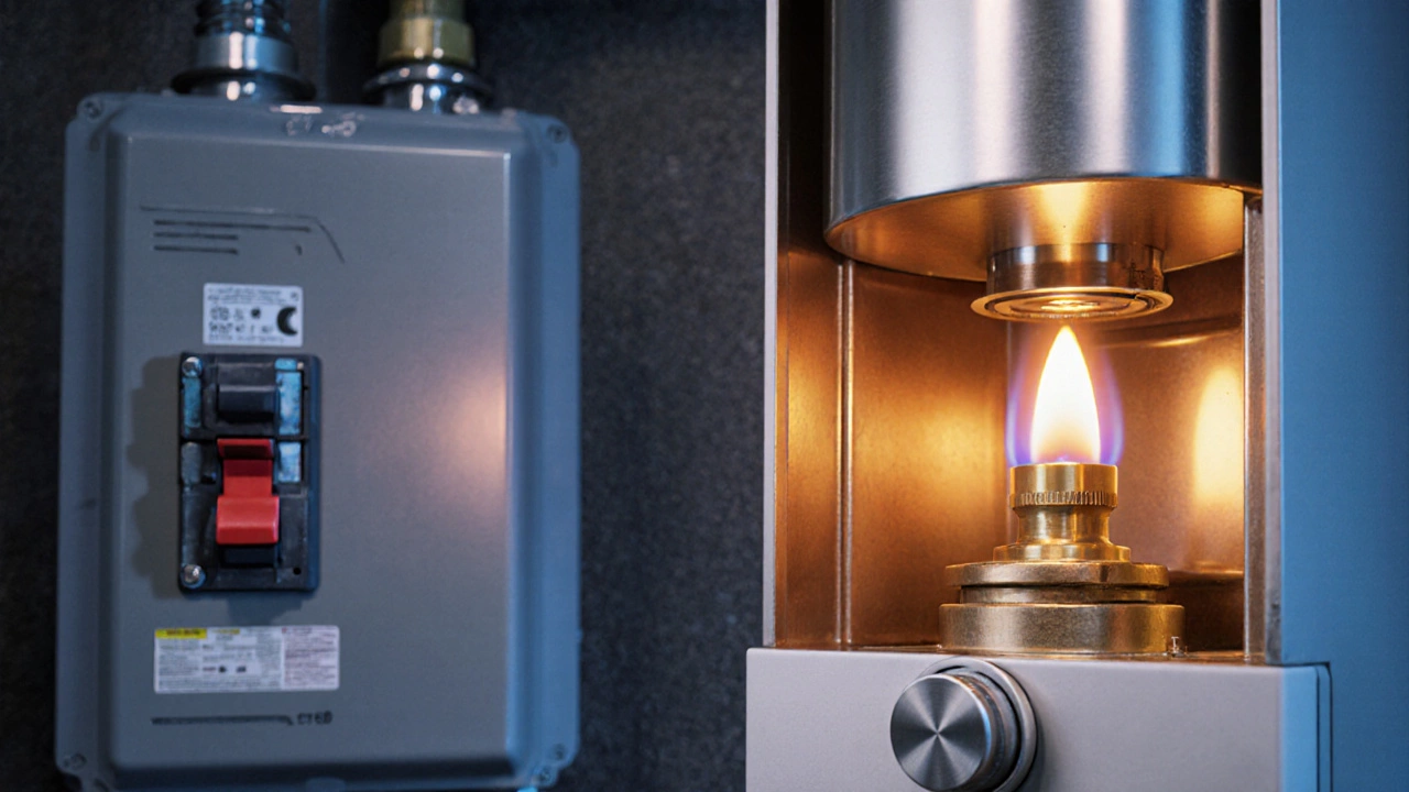 Close‑up of a boiler panel showing a thermostat dial, a glowing pilot light, and an electrical breaker box.