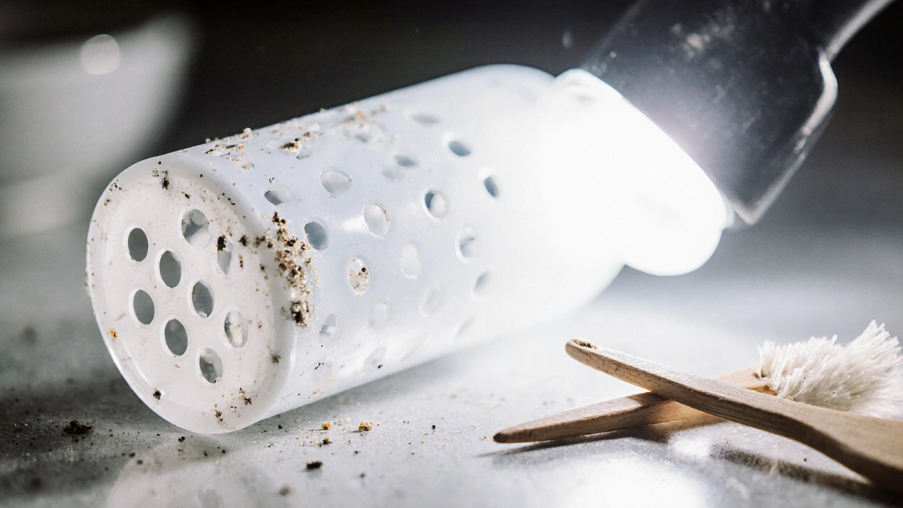 Close‑up of a spray arm with blocked holes and cleaning tools beside it.