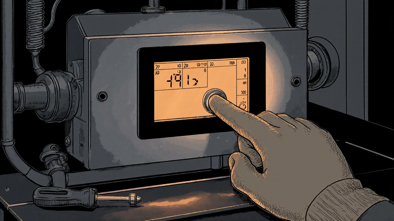 Close‑up of boiler thermostat display showing low temperature being adjusted.