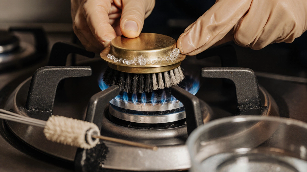 Close‑up of hand cleaning burner ports with brush and testing joints with soapy water.
