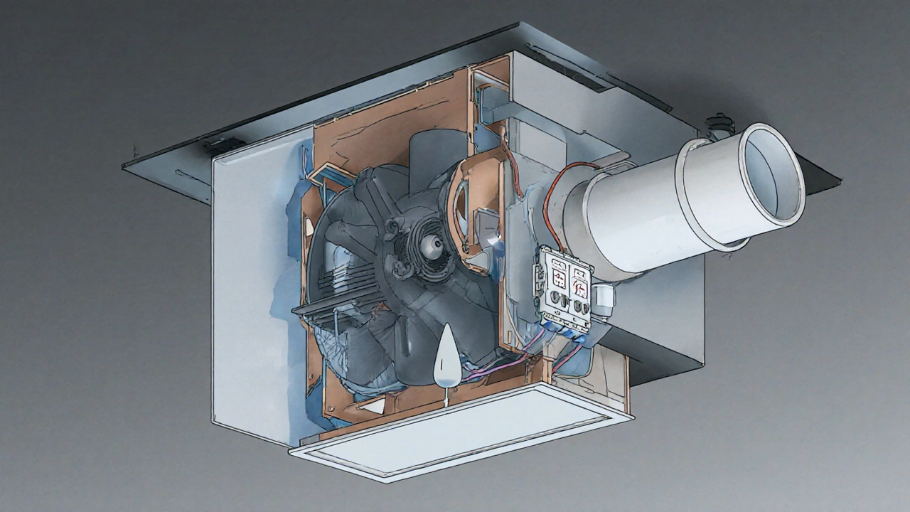 Cutaway illustration of an extractor fan showing motor, blades, wiring, and humidity sensor.