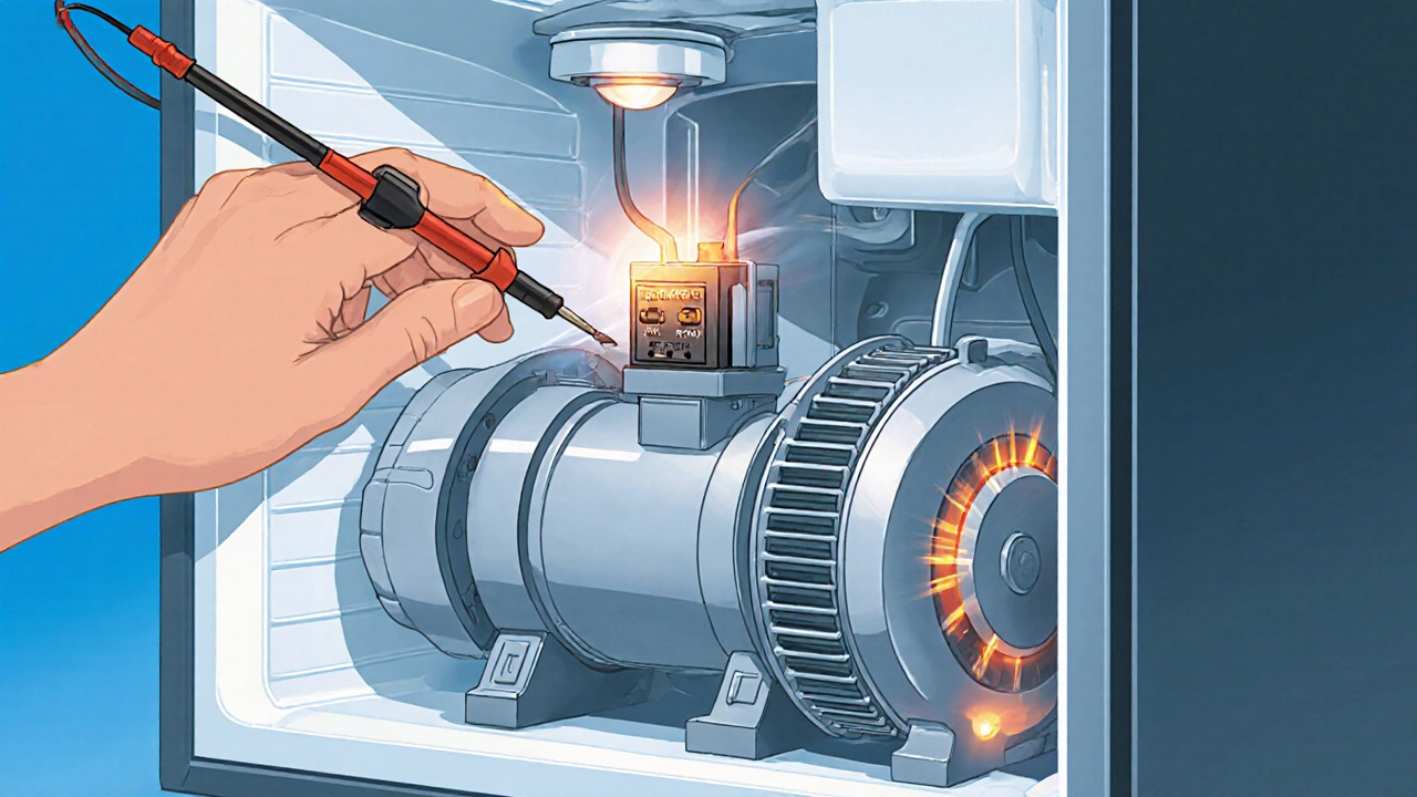Cutaway view of fridge rear panel showing compressor, relay, and coils with multimeter probes.