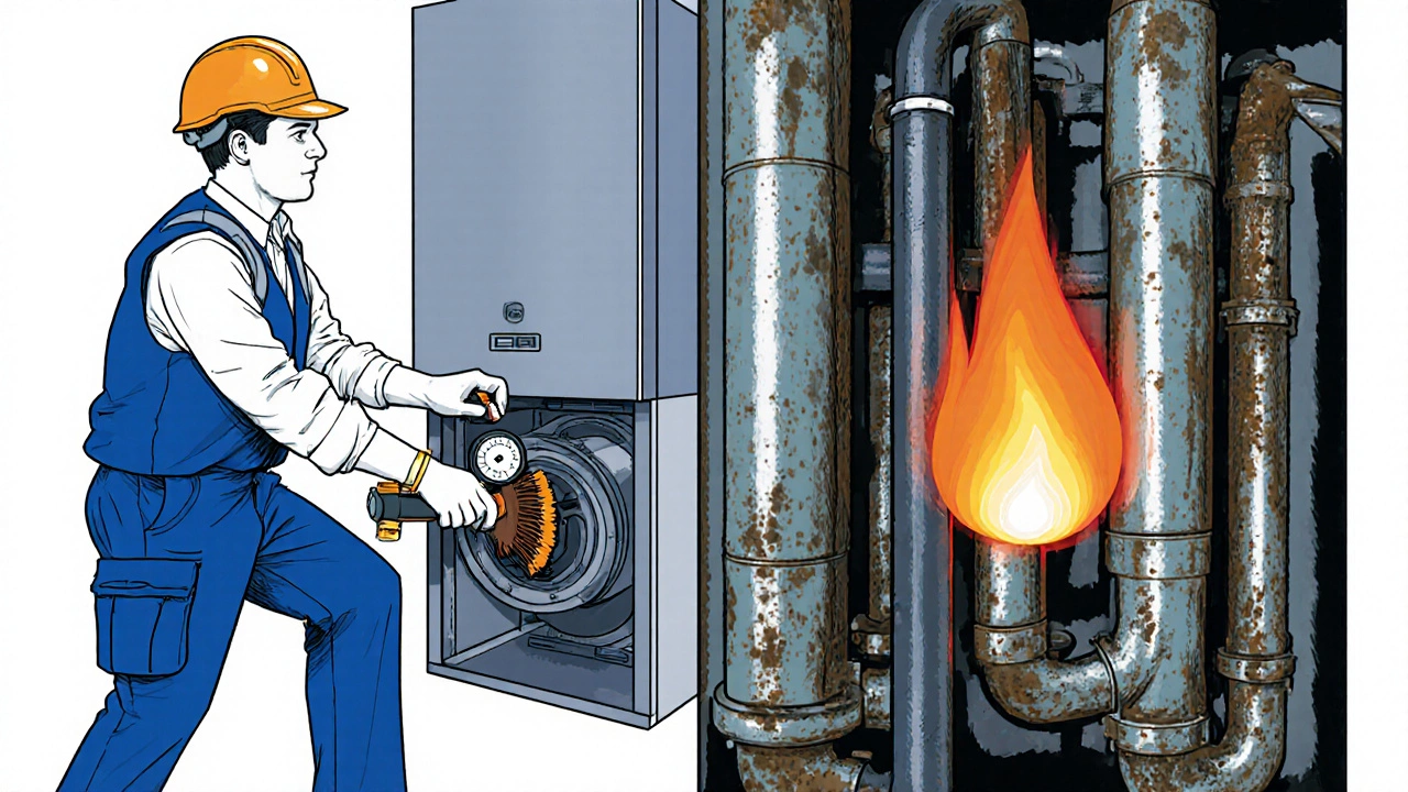 Engineer cleaning a boiler's burner; split view shows before and after cleaning.
