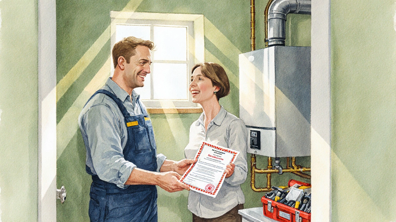 Engineer handing safety certificate to homeowner after boiler service.