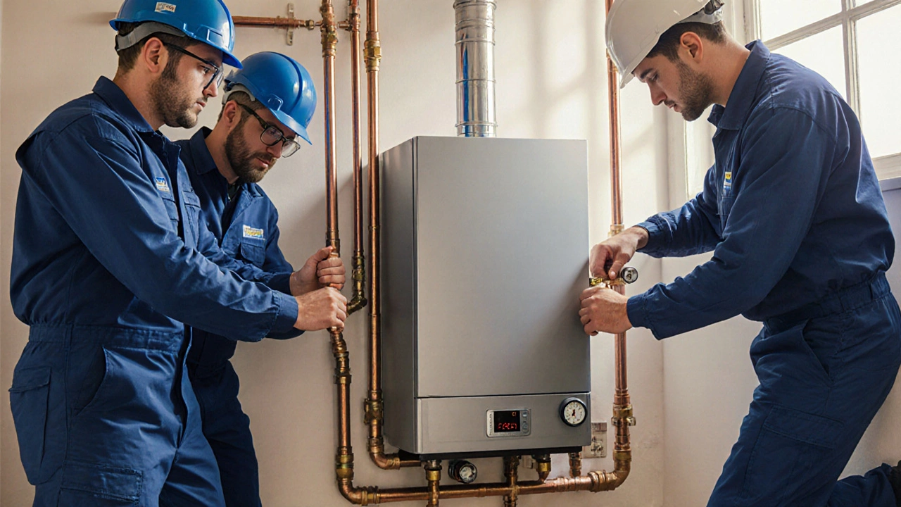 Engineers install a new condensing boiler in a tight under‑stair space.