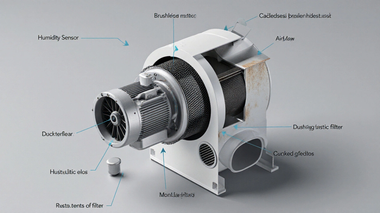 Exploded isometric view of fan components showing motor, filter, and signs of wear.