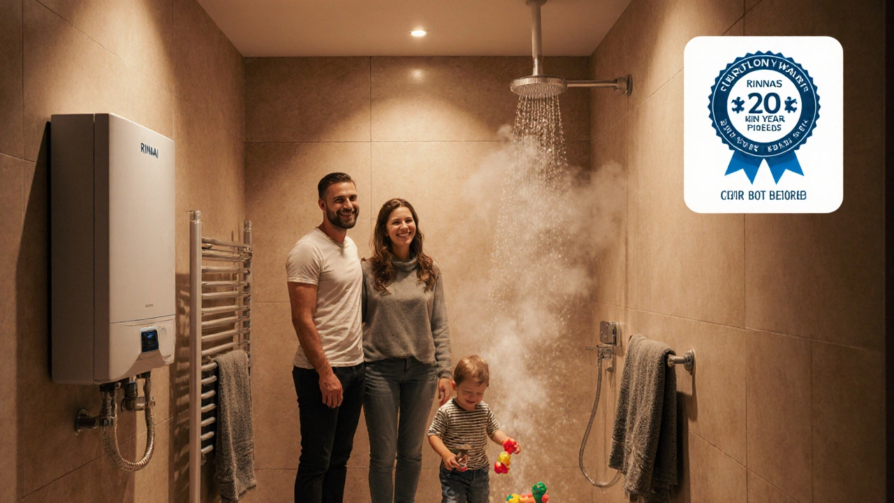 Family enjoying a bathroom with a wall‑mounted tankless water heater nearby.