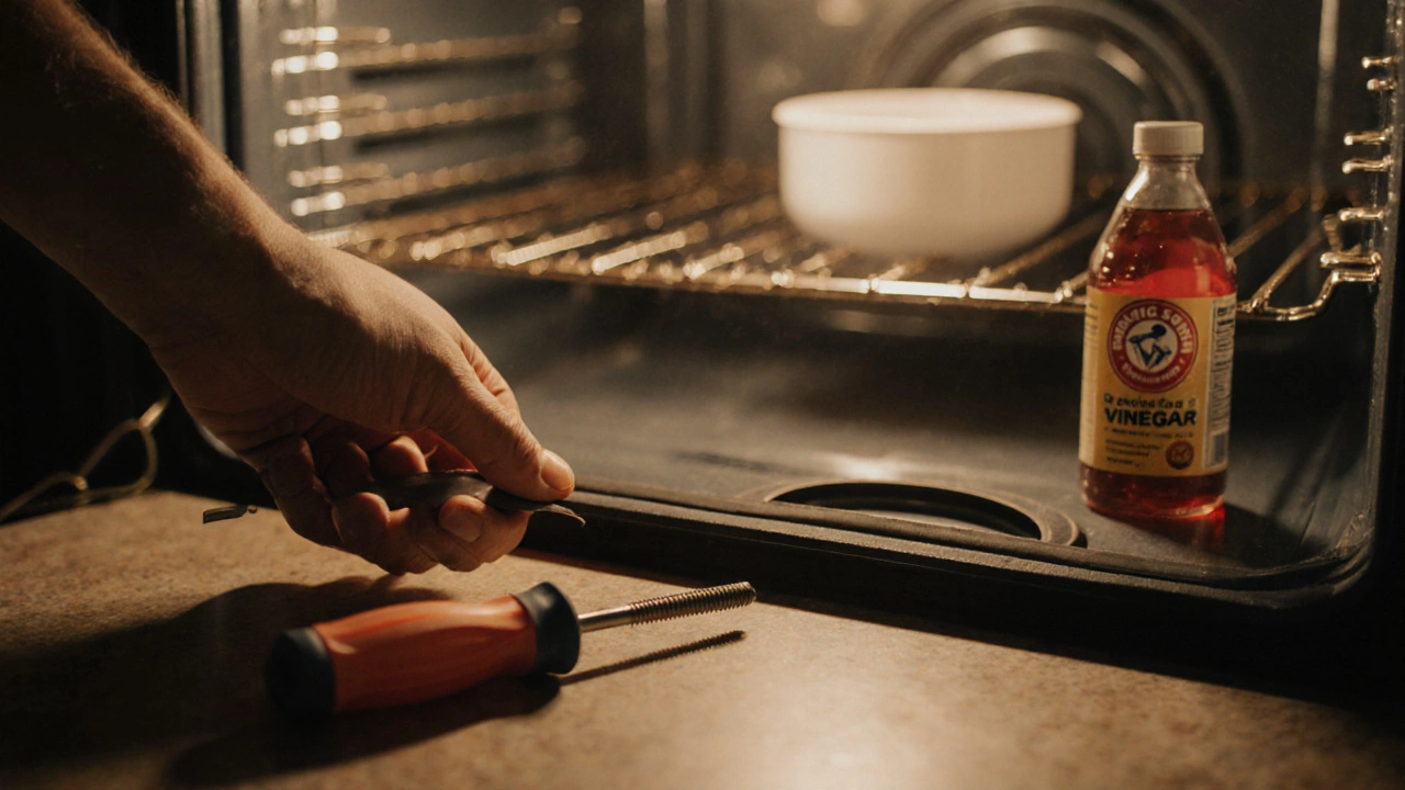 Hand replacing an oven door seal with tools and cleaning supplies on a kitchen counter.