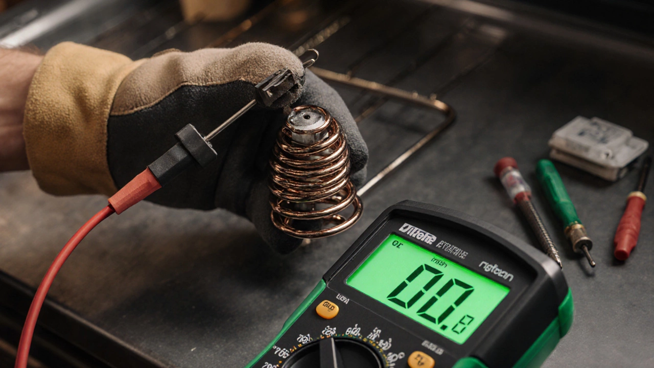 Hand with gloves using a multimeter on a cracked oven element showing "OL" reading.