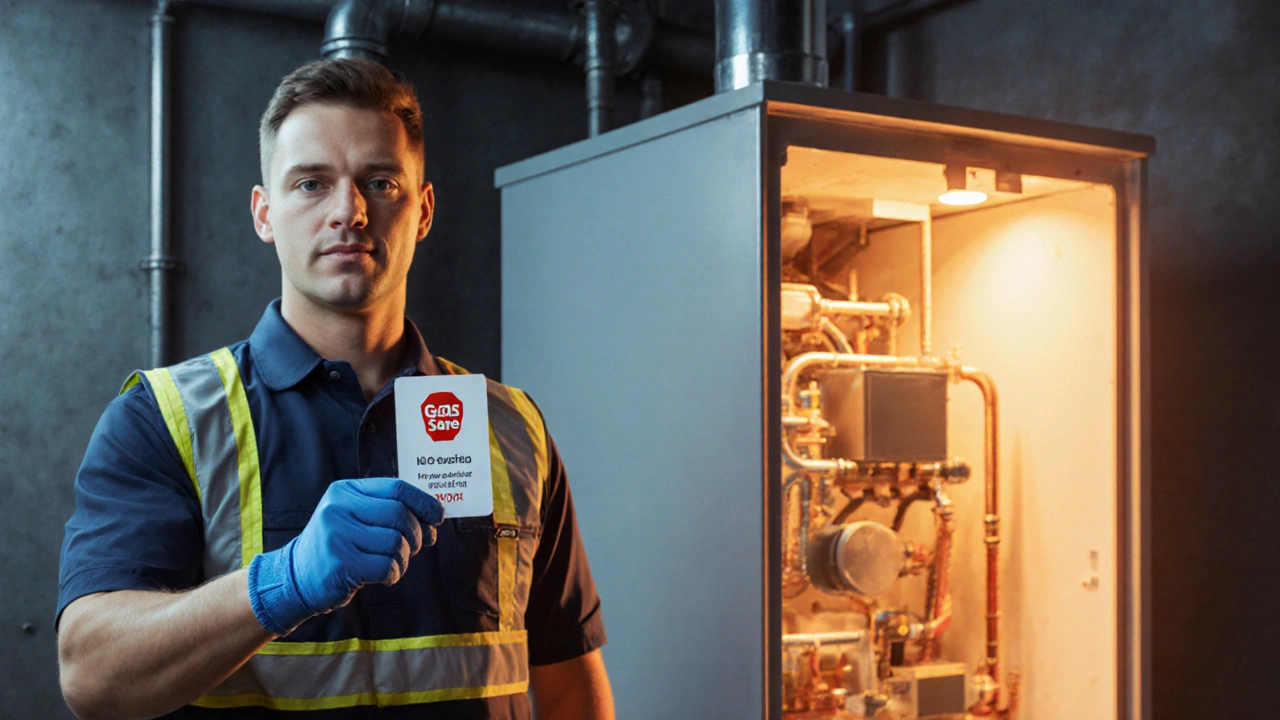 Heating engineer in work clothes holding Gas Safe card beside an open boiler.