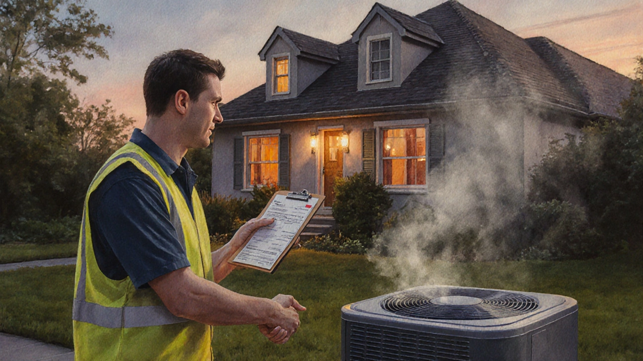 Homeowner and HVAC technician shaking hands outside a warm-lit house.