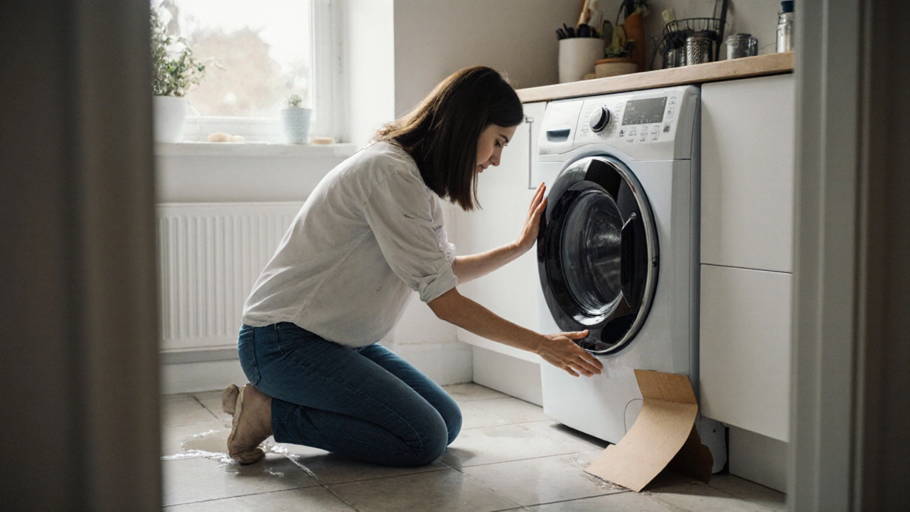 Homeowner inspecting a washing machine, listening for noise, with cardboard under it and a water spill.