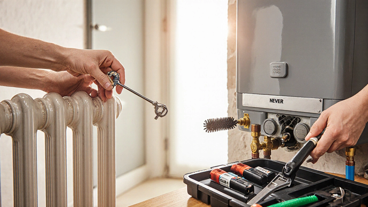 Homeowner using a radiator key, filling loop, and vacuum brush for boiler maintenance.