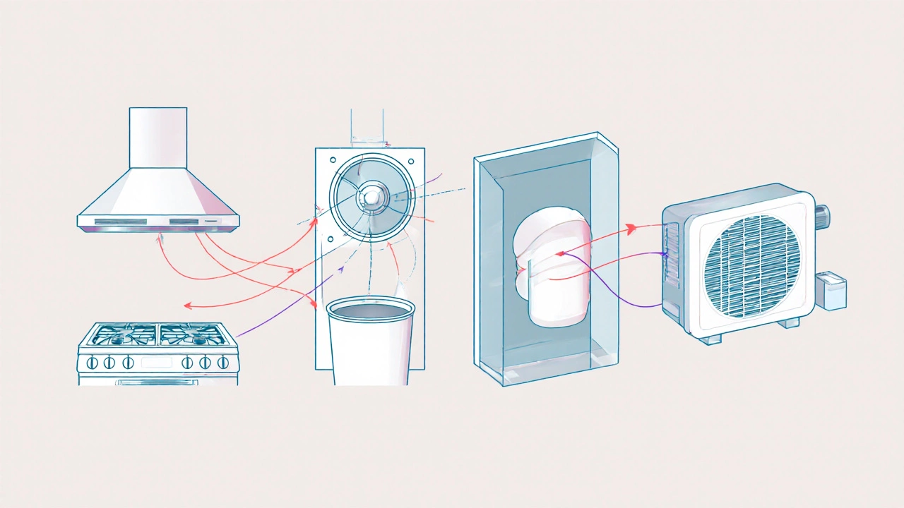 Illustration comparing a kitchen hood, bathroom fan, inline fan, and HRV unit.