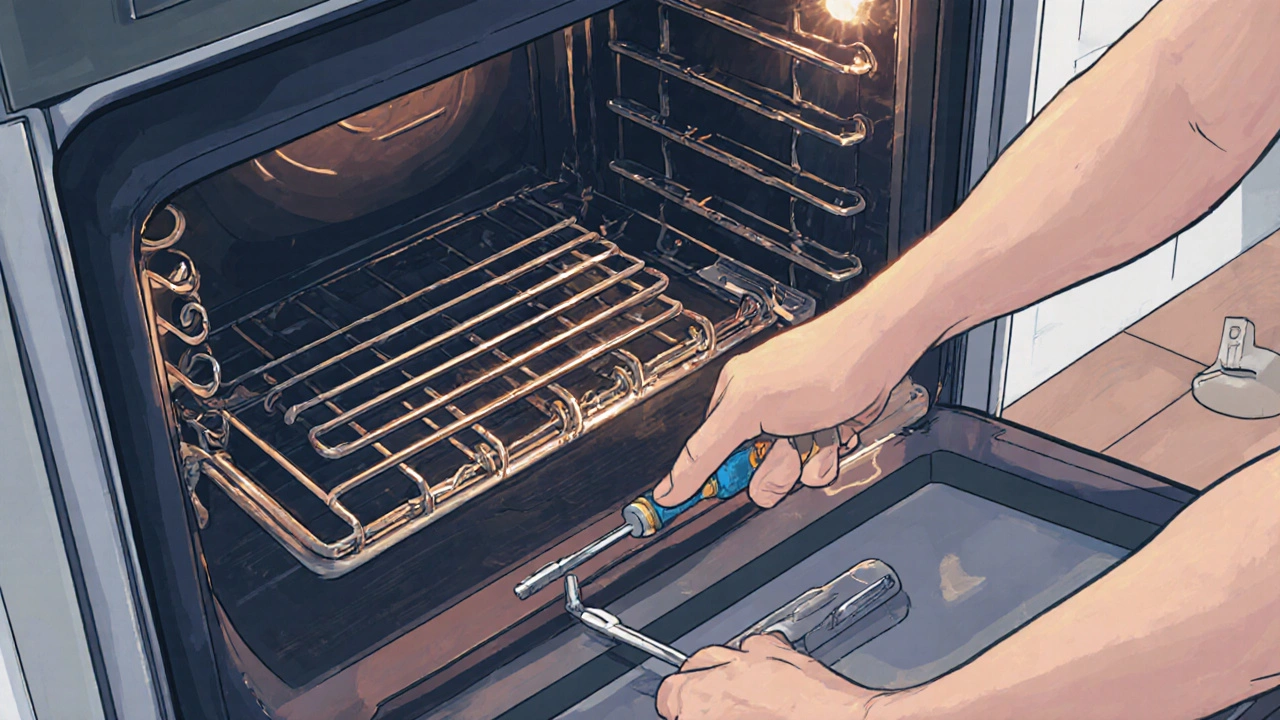 Illustration of a new oven element being installed with tools and wiring harness.