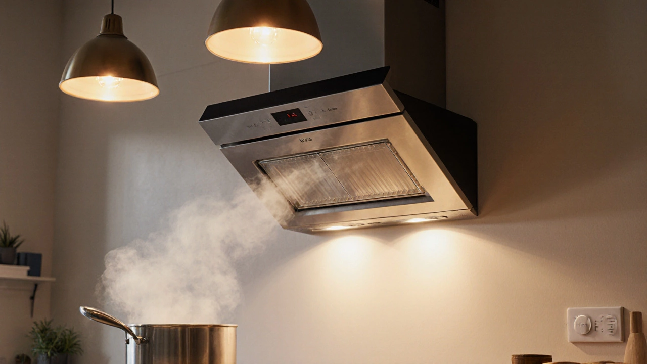 Modern extractor fan in a kitchen efficiently removing steam with clean duct visible.