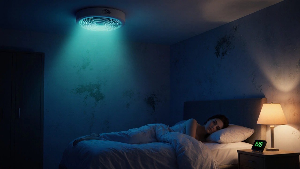 Nighttime bedroom with a quiet fan, dry walls, and a glowing timer indicating ventilation.
