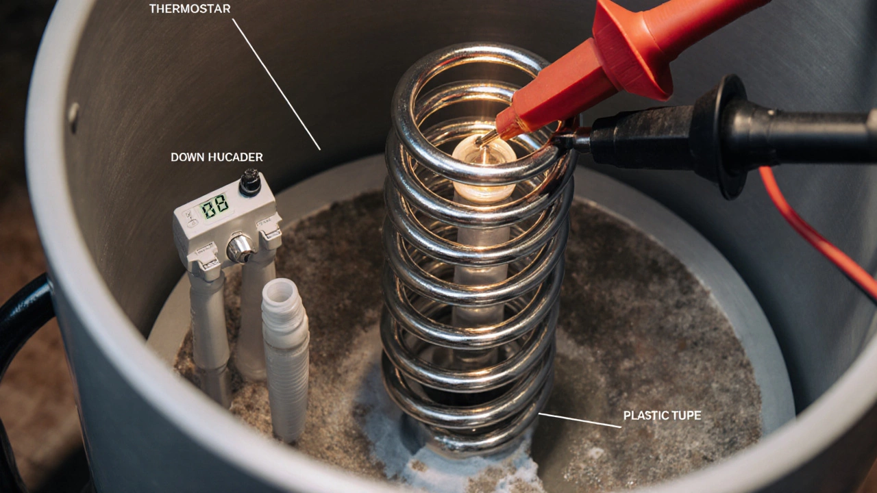 Open water heater showing thermostat, heating element, and sediment.