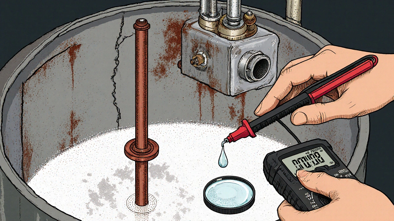 Open water heater tank showing sediment, corroded wall, anode rod and diagnostic tools.