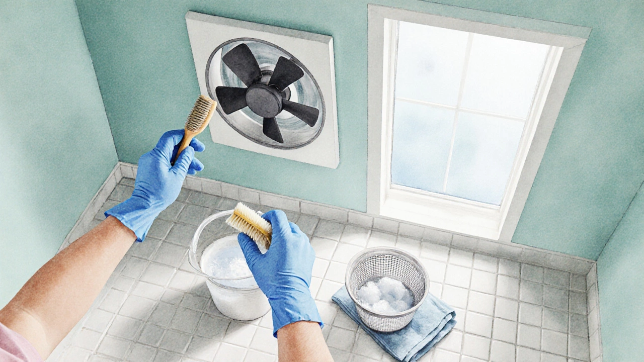 Person cleaning a bathroom extractor fan and its filter.