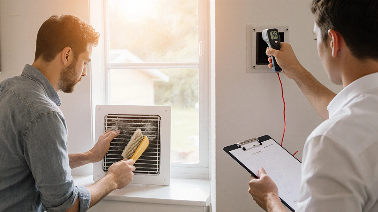 Person cleaning fan grille, checking vent cap, and professional inspecting with tool.