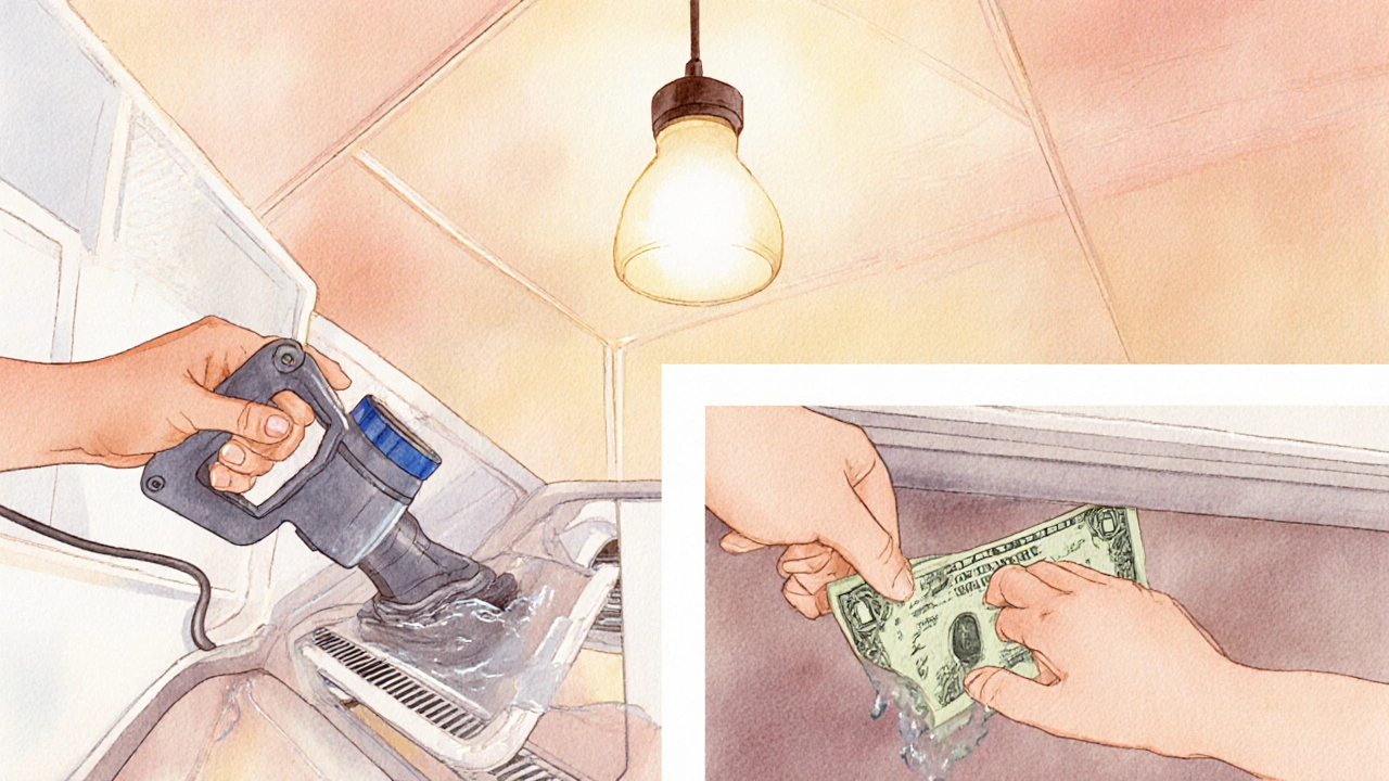 Person cleaning fridge coils, wiping door seal, and testing gasket with a dollar bill.