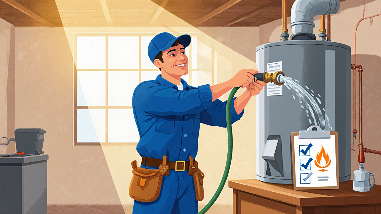 Plumber flushing tank with hose while holding a checklist.