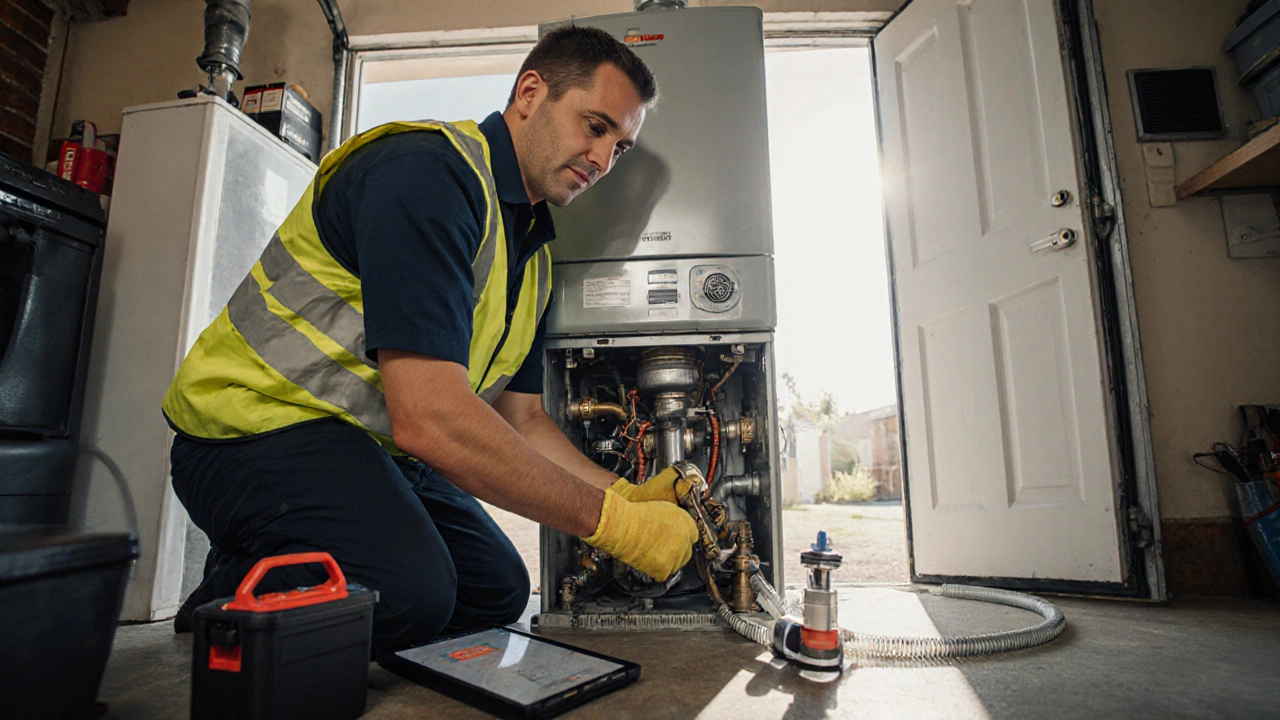 Professional technician inspecting and repairing a boiler.
