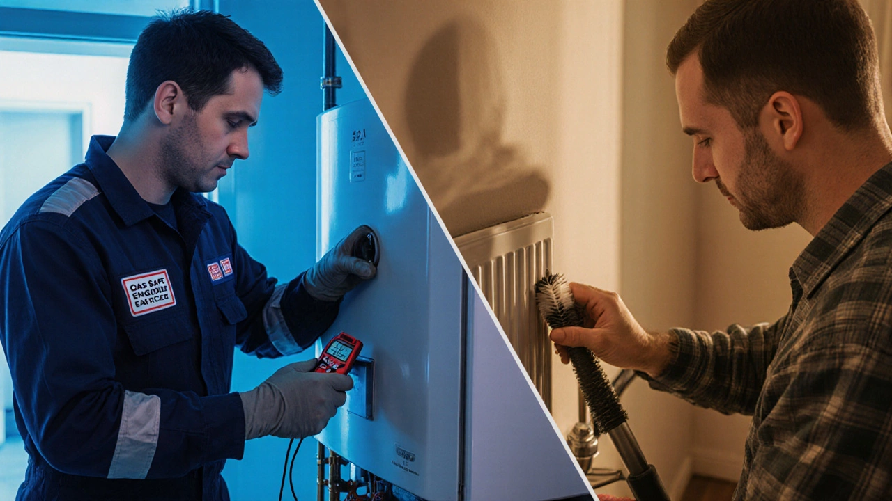 Split view of a Gas Safe Engineer with diagnostic tools beside a homeowner performing DIY tasks.