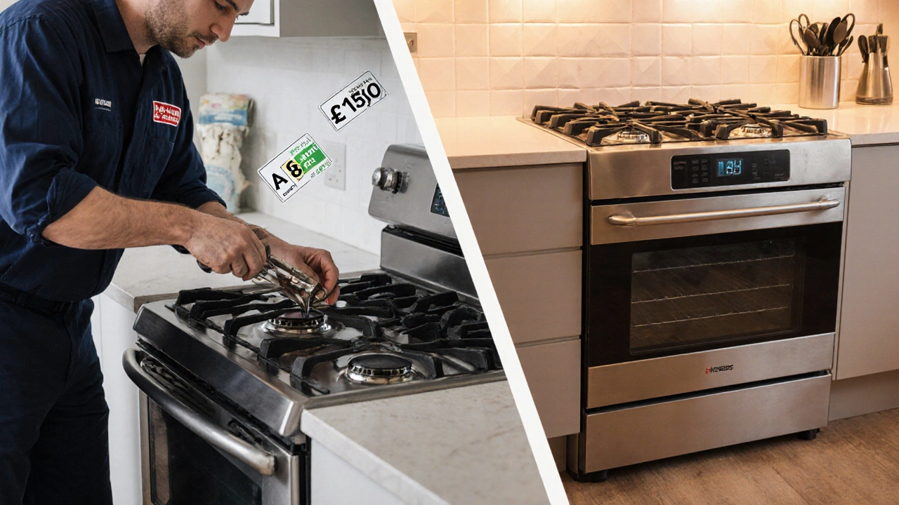 Technician fixing old stove beside a new energy‑rated stove.