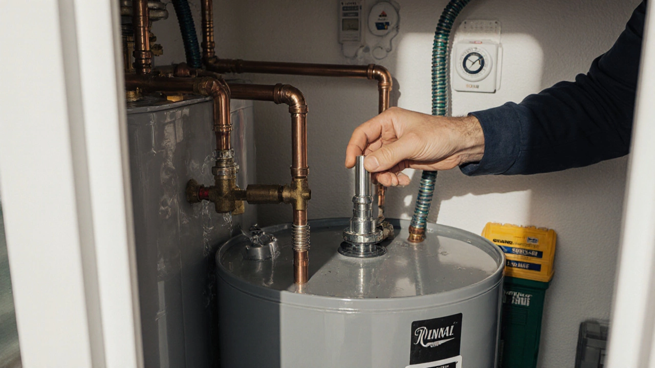 Technician flushing a tank and replacing the anode rod on a water heater.