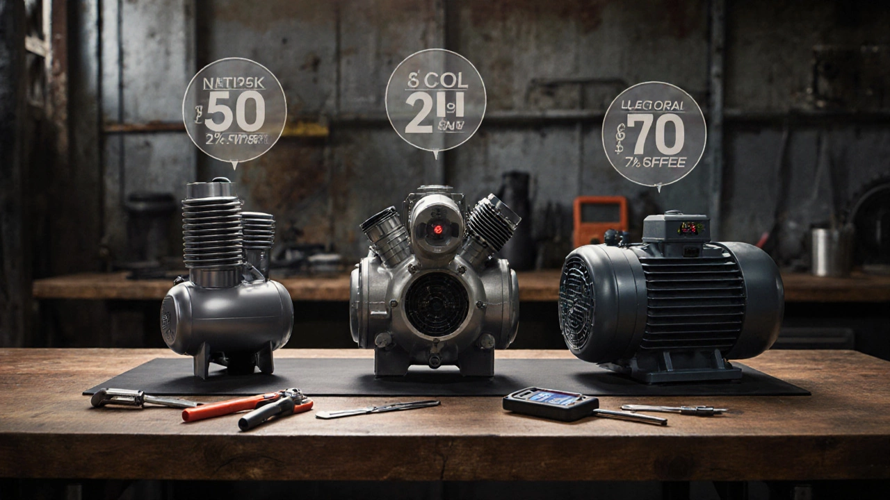 Three different heat pump compressors displayed on a workbench with tools.