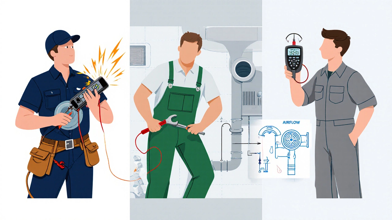 Three tradespeople—electrician, plumber, HVAC tech—each fixing a fan problem.
