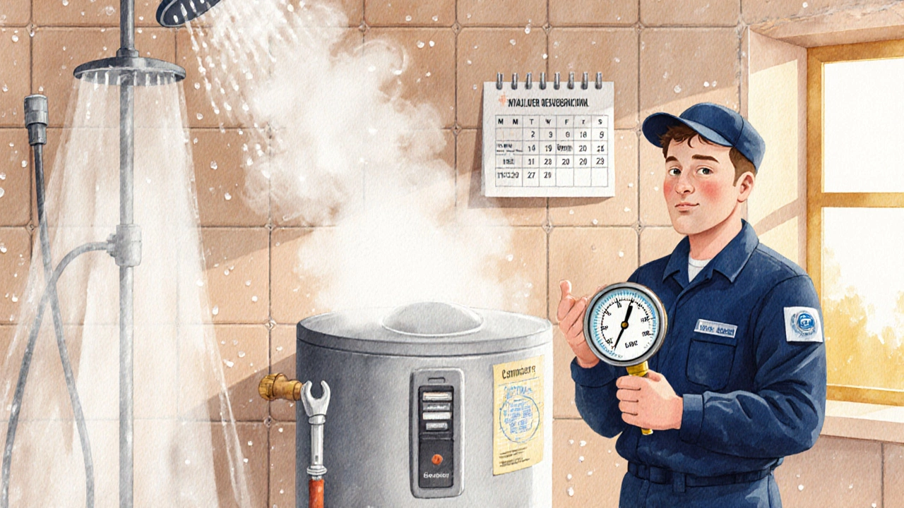 Warm bathroom scene with steam, technician holding pressure gauge, and service reminder calendar.