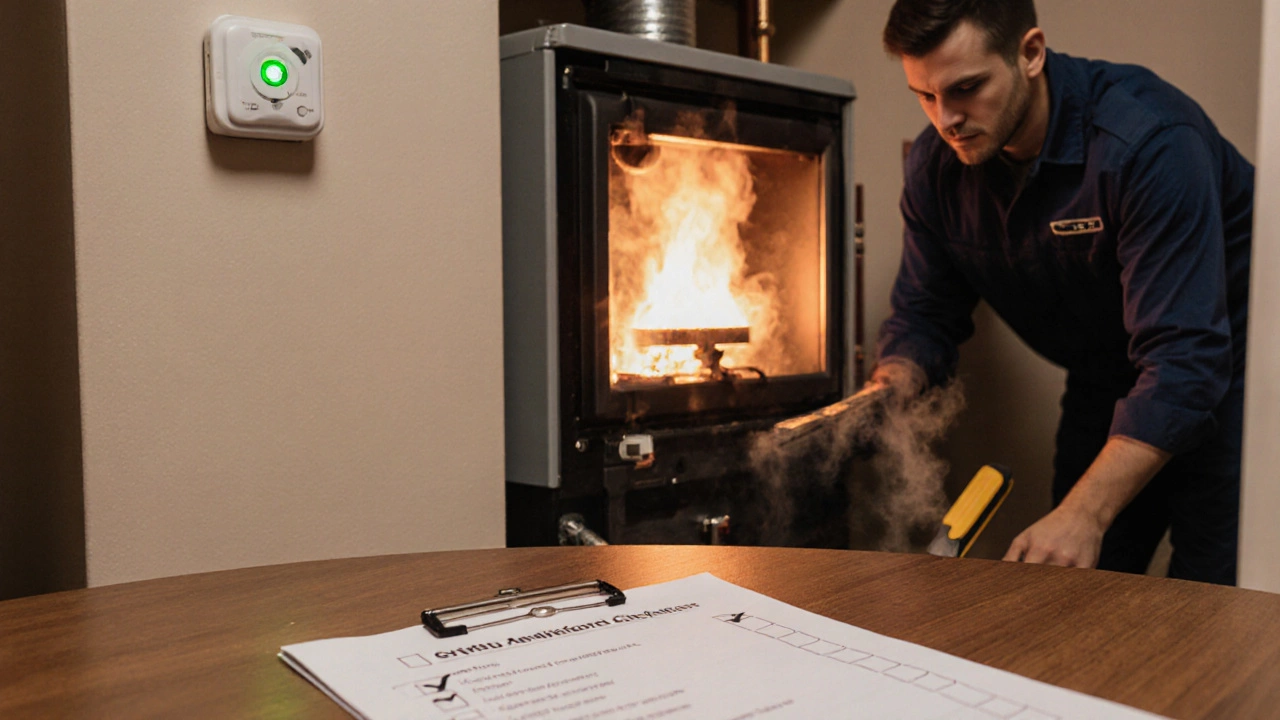 Warm scene of repaired boiler glowing, checklist on table, and engineer cleaning up.