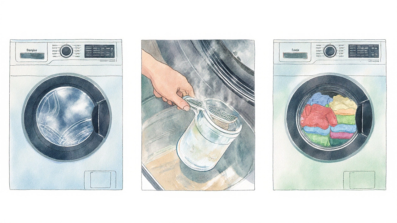 Water‑cleaning cycle, filter cleaning, and properly loaded washer illustrated in soft watercolor style.