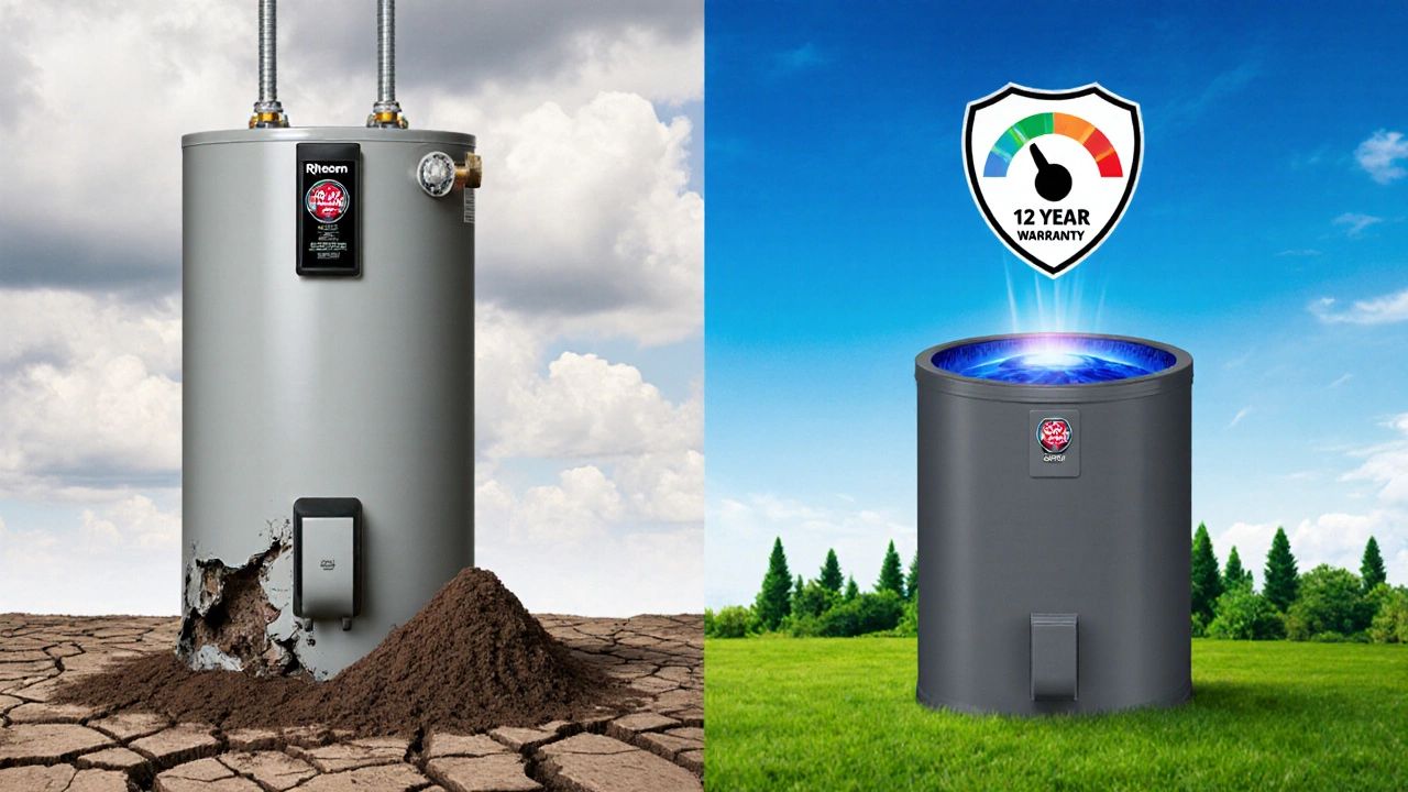 A landscape metaphor comparing a crumbling Rheem heater to a thriving AO Smith unit with warranty shield.