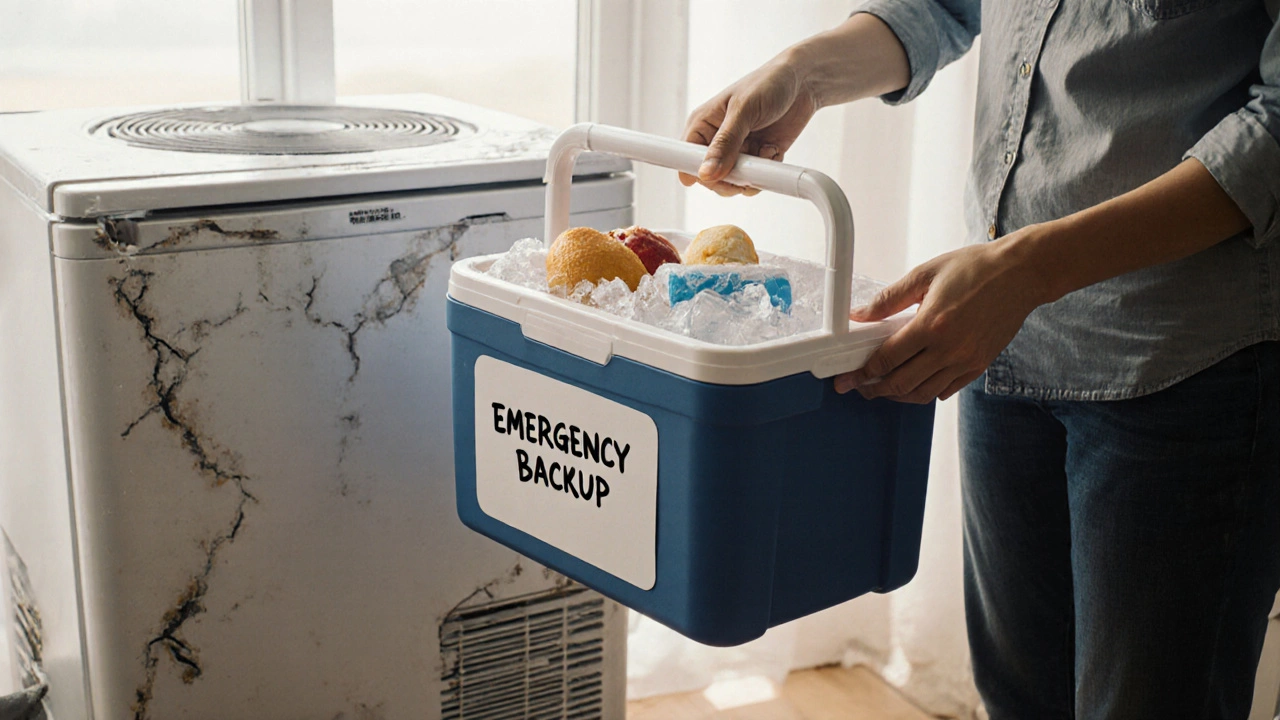 A person holding a cooler with ice packs next to a broken freezer during a power failure.