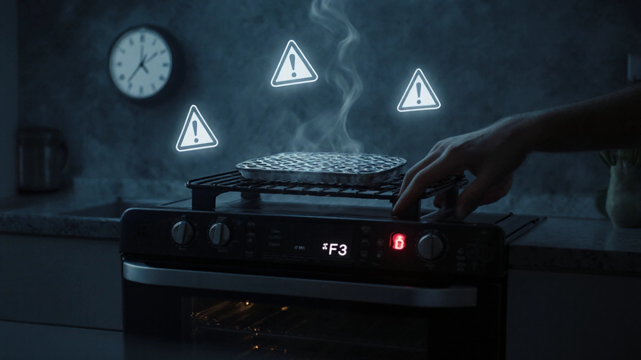 A person trying to use an oven&#039;s grill function while the top element remains unlit and the control panel shows an error code.