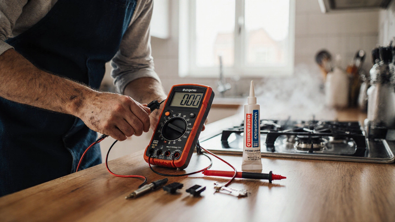DIY person testing an extractor fan motor with a multimeter in a UK kitchen.