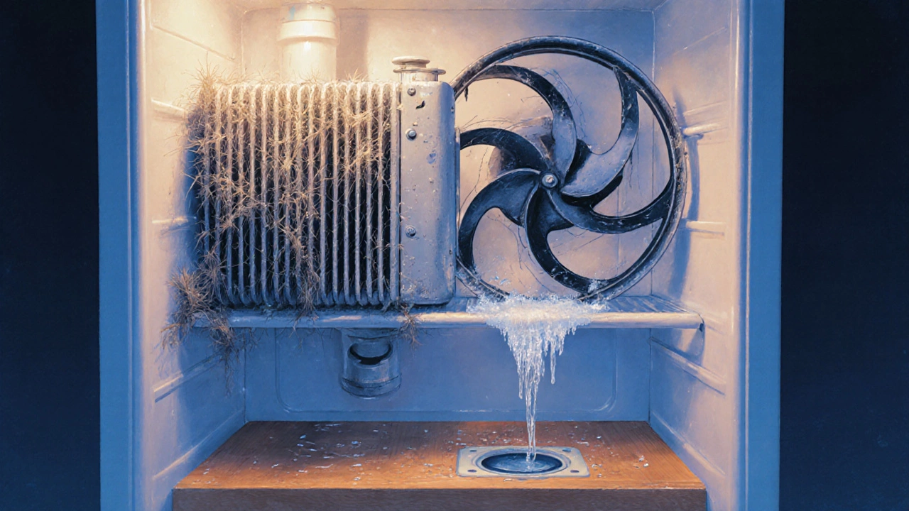 Dusty condenser coils and frozen evaporator fan inside a refrigerator, with water dripping from a clogged drain.