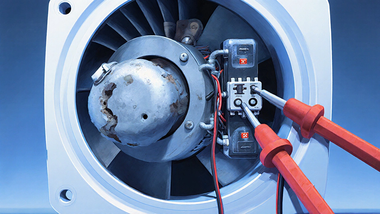 Extractor fan motor and capacitor with multimeter showing continuity