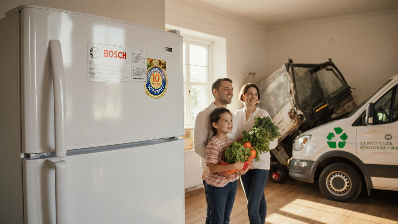 Family smiling beside a new energy-efficient fridge in a bright kitchen, old fridge being recycled outside.
