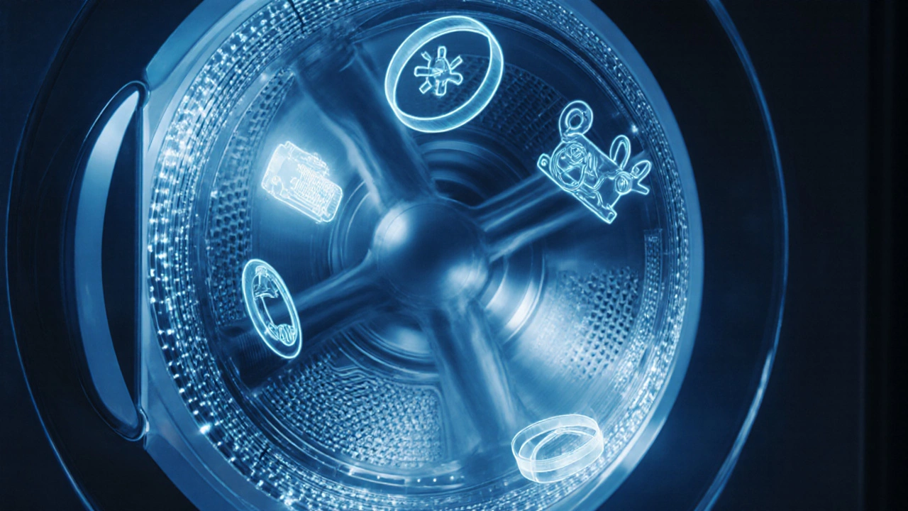 Flickering control board with floating icons of broken parts, representing system-wide malfunction.