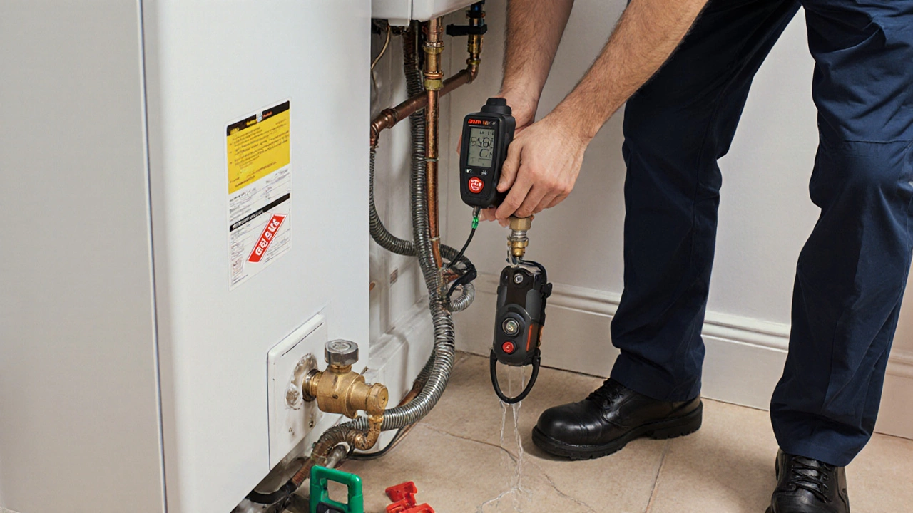 Gas Safe engineer servicing a boiler with a drained hose nearby.