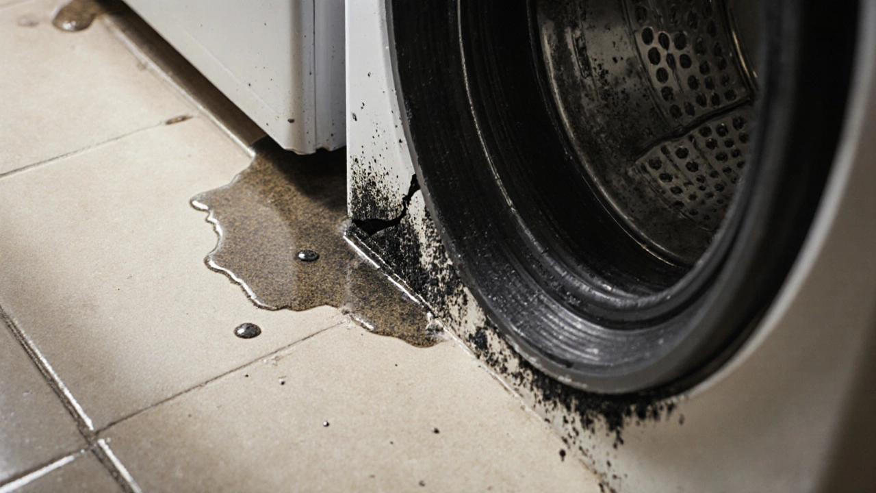 Moldy black rubber door seal with water pooling underneath, indicating seal degradation.