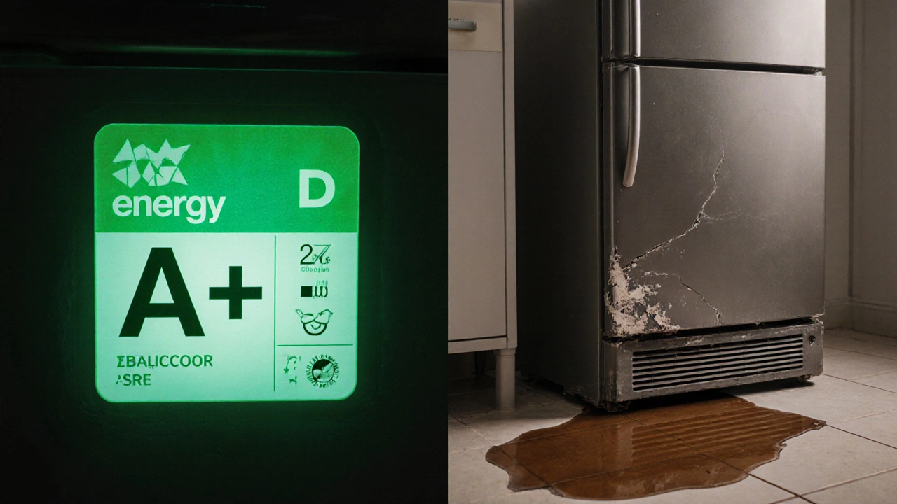 New energy-efficient fridge next to an old broken one, highlighting replacement versus neglect.