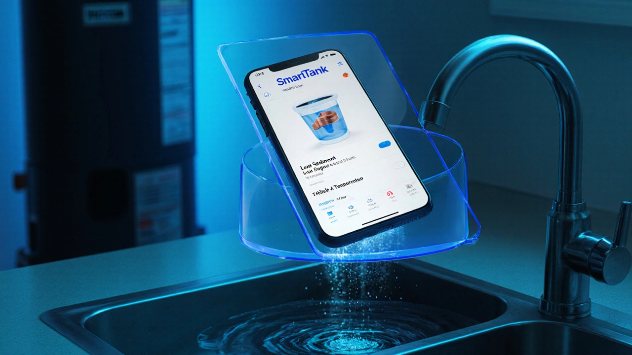 Smartphone app display showing AO Smith tank health alerts, with internal tank structure visible in overlay.
